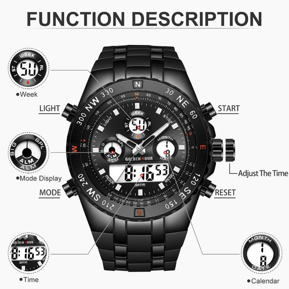 Men's Large Waterproof Stopwatch Luminous Digital Analog Watch with Rubber Band - Picture 6 of 7